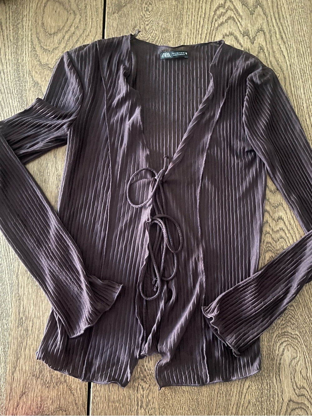 Zara Ribbed Shear Tie-Front Top in Deep Brown